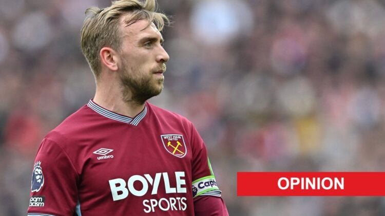 Jarrod Bowen of West Ham United during the Premier League match between West Ham United and Arsenal at London Stadium. An 'opinion' banner has been...