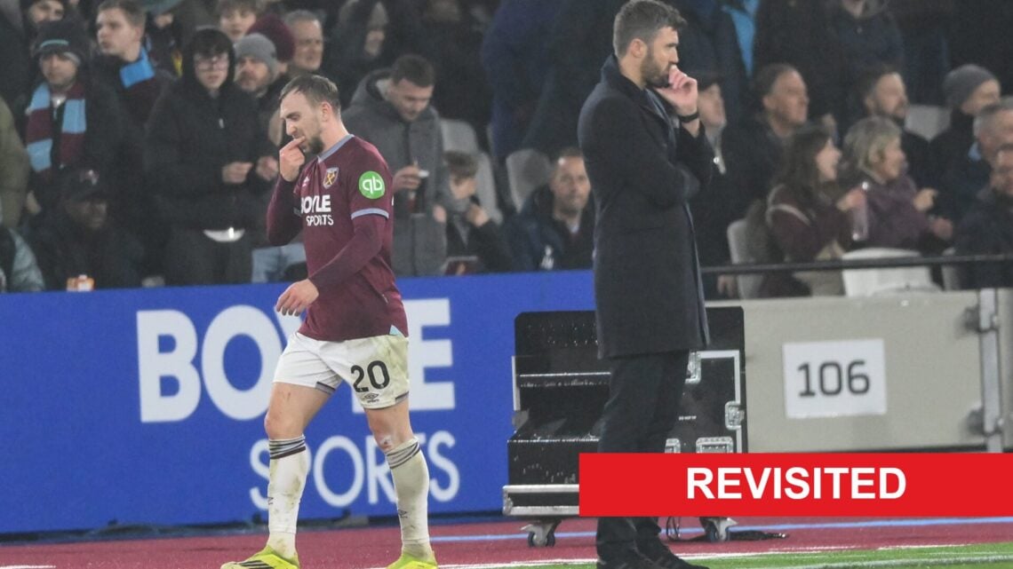 Jarrod Bowen of West Ham United substituted and walks past Michael Carrick, manager of Manchester United. A 'revisisted' banner has been added.