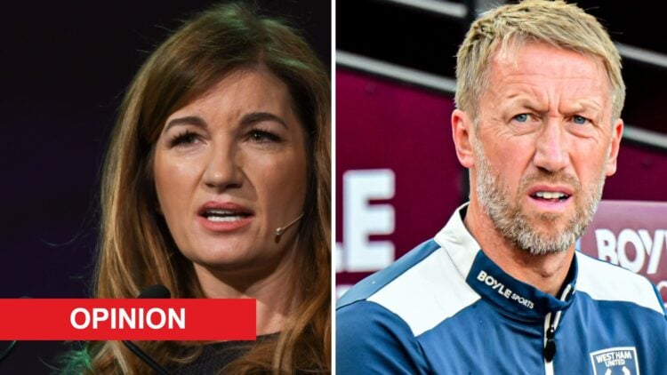 Split image showing Karren Brady and Graham Potter. An 'opinion' banner has been added in the bottom left.