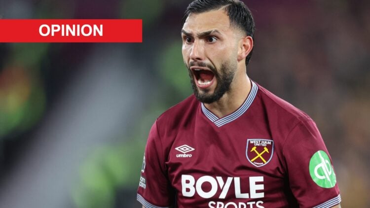 Valentin Castellanos celebrates after scoring for West Ham against Wolves. An 'opinion' banner has been added.
