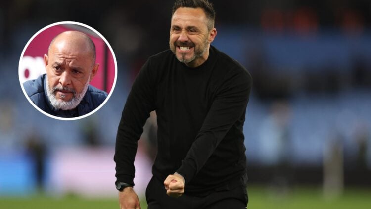 Spurs boss Roberto De Zerbi celebrates while, inset, West Ham manager Nuno Espirito Santo looks dejected