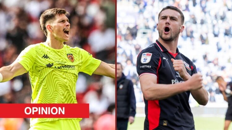 Split image showing Hull City goalkeeper Ivor Pandur and Southampton defender Taylor Harwood-Bellisz
