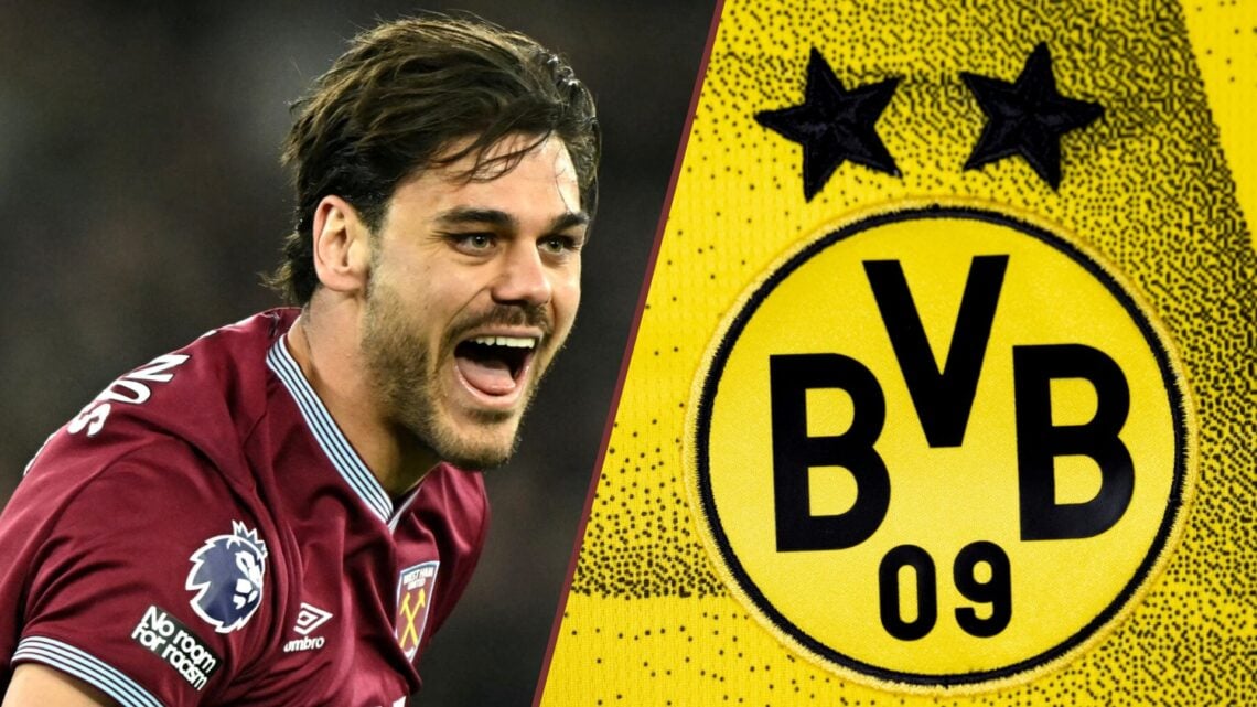 Split image showing West Ham defender Konstantinos Mavropanos and the Borussia Dortmund badge