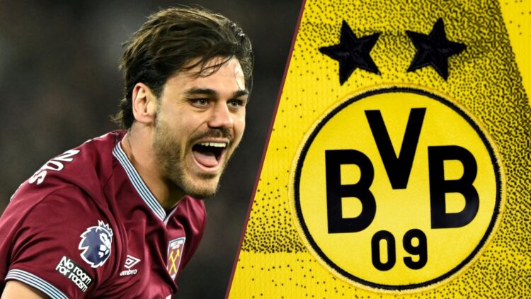 Split image showing West Ham defender Konstantinos Mavropanos and the Borussia Dortmund badge