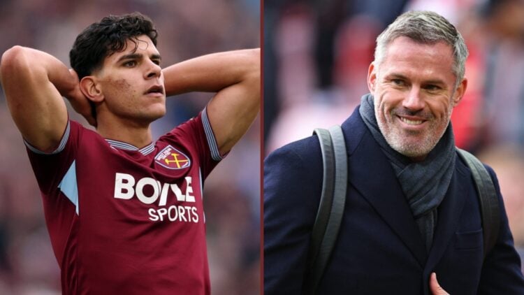 Split image showing West Ham midfielder Mateus Fernandes and Sky pundit Jamie Carragher