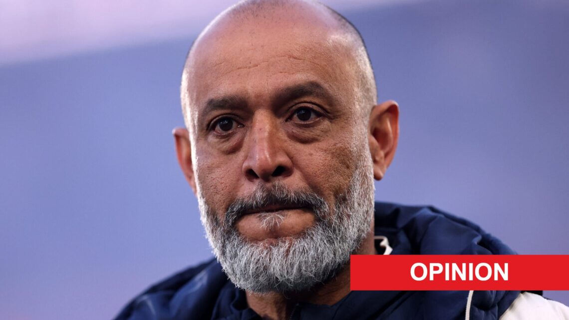 Nuno Espirito Santo during Crystal Palace vs West Ham. An 'opinion' banner has been added.