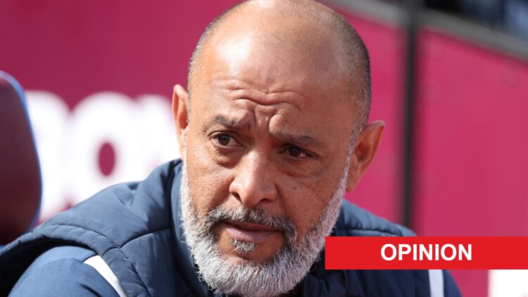 Nuno Espirito Santo during West Ham United v Everton - Premier League. An 'opinion' banner has been added.