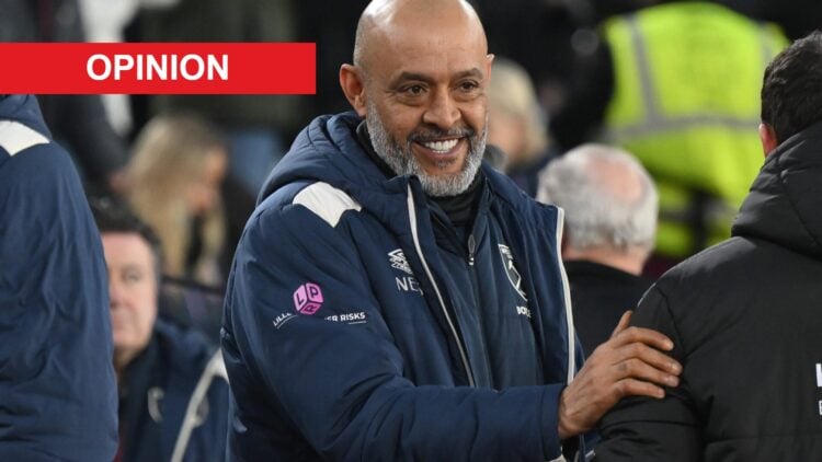 Nuno Espirito Santo during West Ham United v Bournemouth - Premier League. An 'opinion' banner has been added.