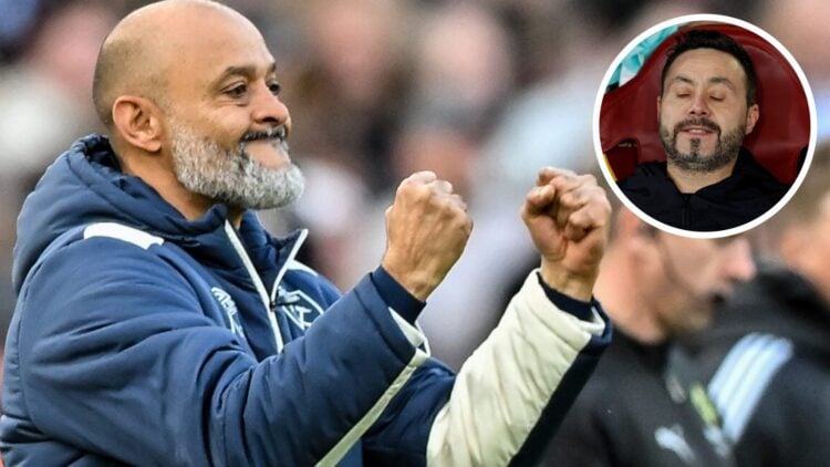 West Ham boss Nuno Espirito Santo celebrates. Inset, Spurs boss Roberto De Zerbi looks dejected