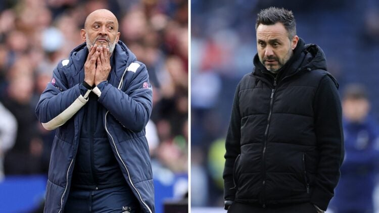 Split image shows West Ham head coach Nuno Espirito Santo and Tottenham manager Roberto De Zerbi