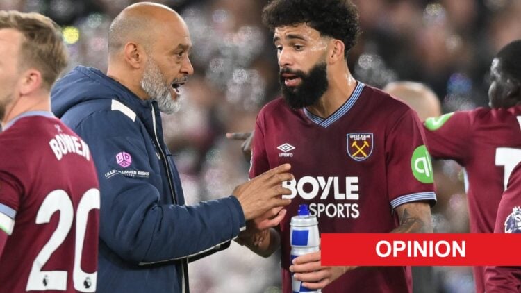 Nuno Espirito Santo speaks to Pablo Felipe during West Ham vs Wolves. An 'opinion' banner has been added.