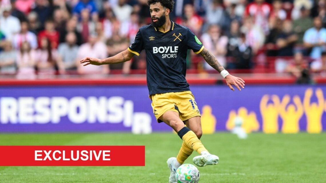 Pablo Felipe playing for West Ham against Brentford. An 'exclusive' banner has been added.