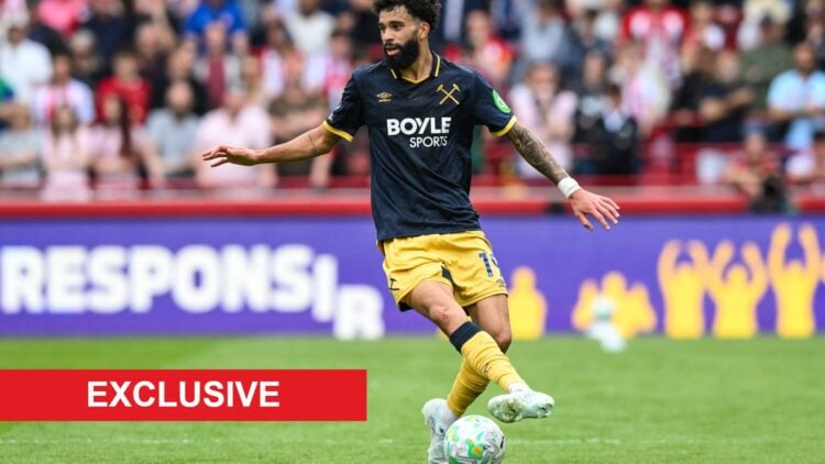 Pablo Felipe playing for West Ham against Brentford. An 'exclusive' banner has been added.