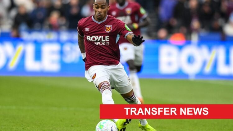 Crysencio Summerville playing for West Ham against Arsenal FC. A 'transfer news' banner has been added.