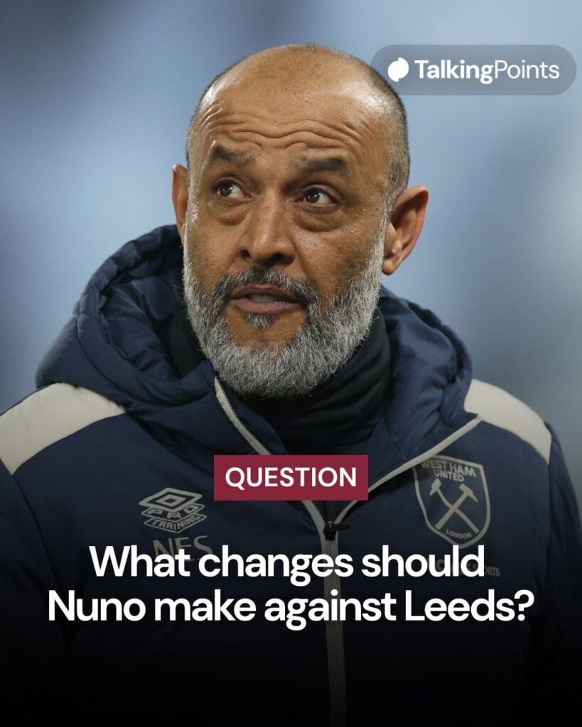 A graphic with the text reading: "Question - what changes should Nuno make against Leeds?" Image shows West Ham head coach Nuno Espirito Santo.