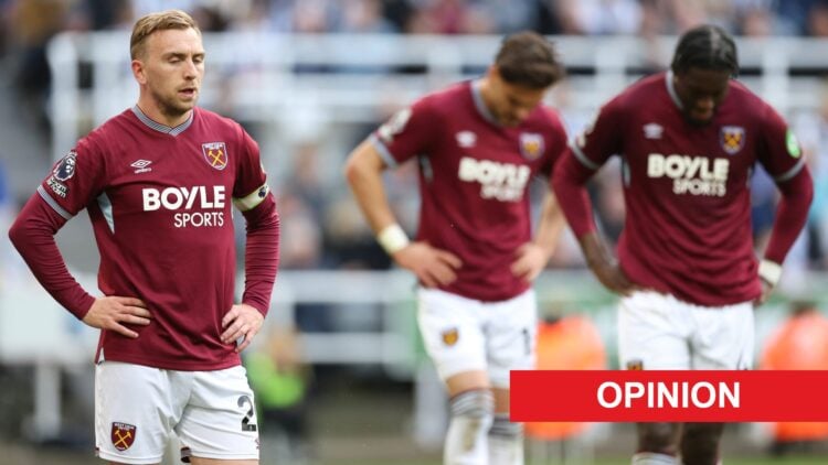 West Ham players look dejected after losing to Newcastle United. An 'opinion' banner has been added.