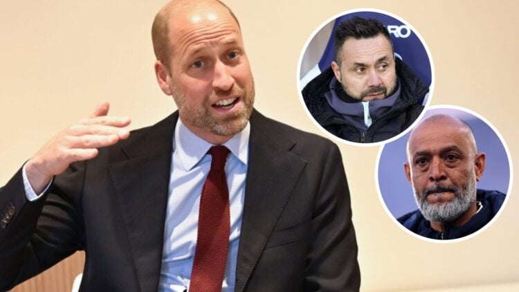 Prince William and inset Spurs boss Roberto De Zerbi and West Ham head coach Nuno Espirito Santo
