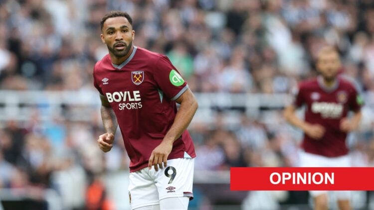 Callum Wilson playing for West Ham against Newcastle United. An 'opinion' banner has been added.