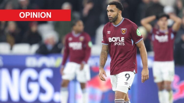 Callum Wilson looks dejected during West Ham vs Fulham. An 'opinion' banner has been added.