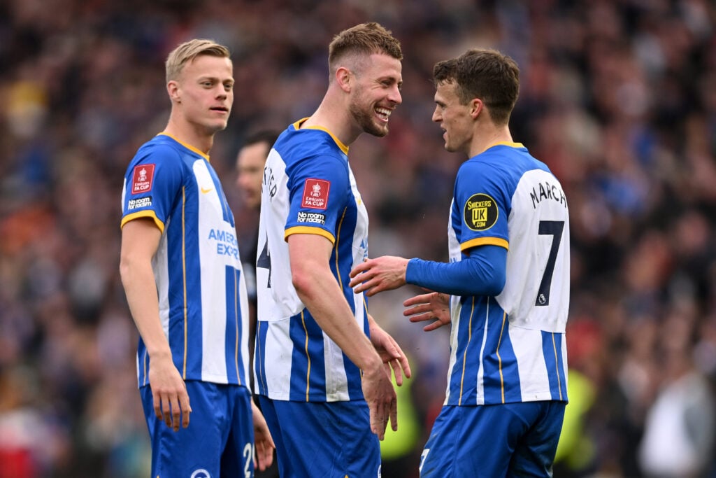 Solly March of Brighton and Hove Albion celebrates with Adam Webster - Brighton & Hove Albion v Grimsby Town: Emirates FA Cup Quarter Final