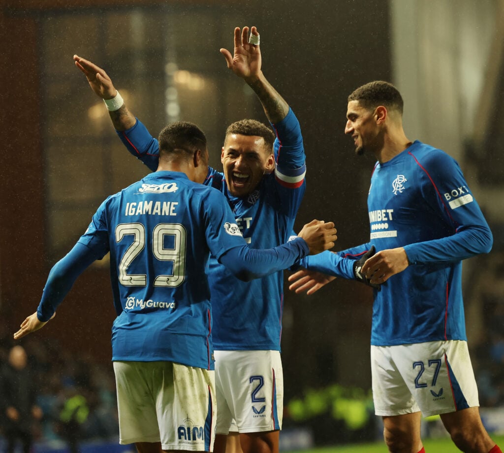 Hamza Igamane celebrates with James Tavernier and Leon Balogun - Rangers FC v Kilmarnock FC - William Hill Premiership