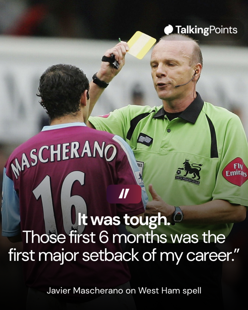 Javier Mascherano of West Ham United is booked by referee Steve Bennett after fouling Jermain Defoe of Tottenham Hotspur, during the Barclays Premiership match between Tottenham Hotspur and West Ham United at White Hart Lane on October 22, 2006 in London, England.
