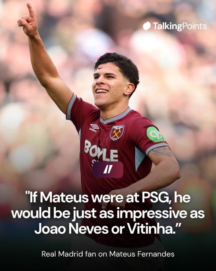 Mateus Fernandes of West Ham United celebrates scoring his team's third goal during the Premier League match between West Ham United and Sunderland at London Stadium on January 24, 2026 in London, England.