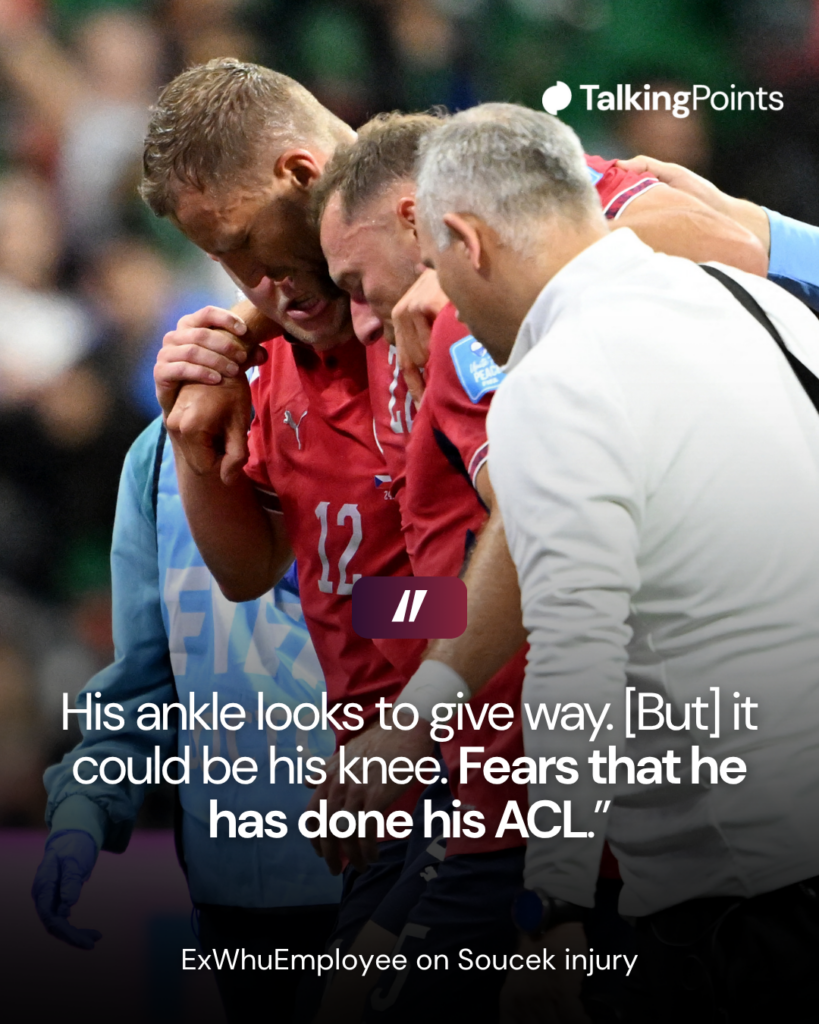 Czech Republic's midfielder #22 Tomas Soucek (C) leaves the pitch after an injury during the 2026 World Cup Group A football match between the Czech Republic and Mexico at the Mexico City Stadium in Mexico City on June 24, 2026.