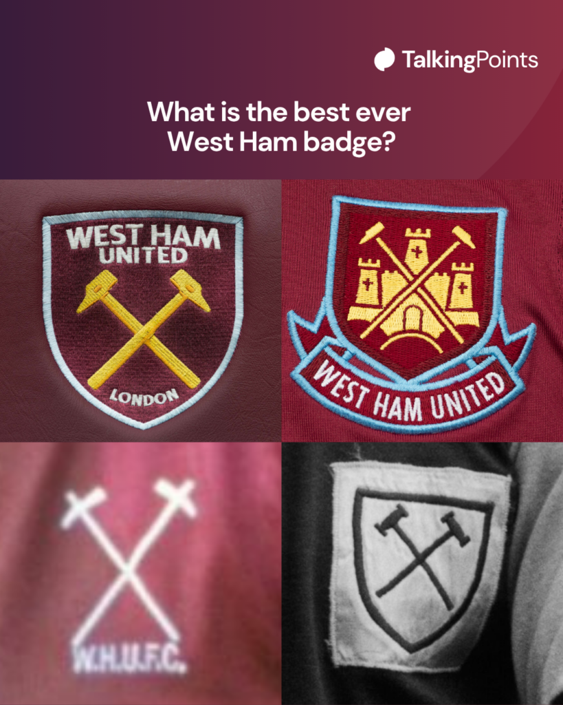 The West Ham crest is seen on the manager's seat prior to the Premier League match between West Ham United and Southampton FC at London Stadium on April 02, 2023 in London, England. A detailed view of a West Ham United club badge prior to the Premier League match between West Ham United and Sheffield United at London Stadium on September 30, 2023 in London, England. Portrait of Billy Bonds of West Ham United during a match. Portrait of Joe Kirkup, Full Back for West Ham United Football Club on 1st December 1958 at the Boleyn Ground (Upton Park) in London, England.