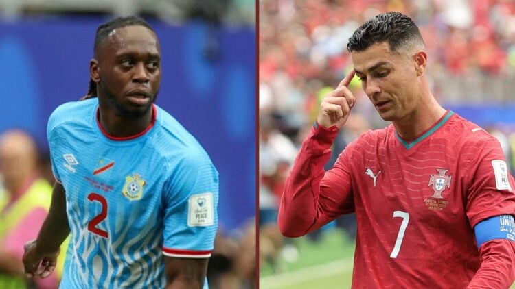 Split image showing Aaron Wan-Bissaka of DR Congo and Cristiano Ronaldo of Portugal