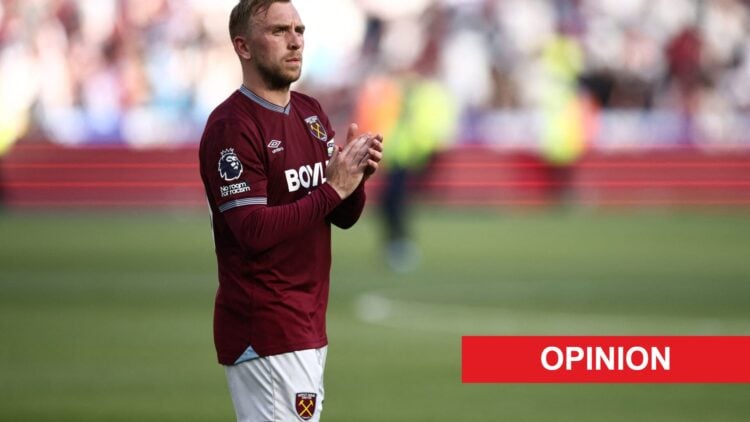 Jarrod Bowen applauds supporters after West Ham United ar relegated from the Premier League. An 'opinion' banner has been added.