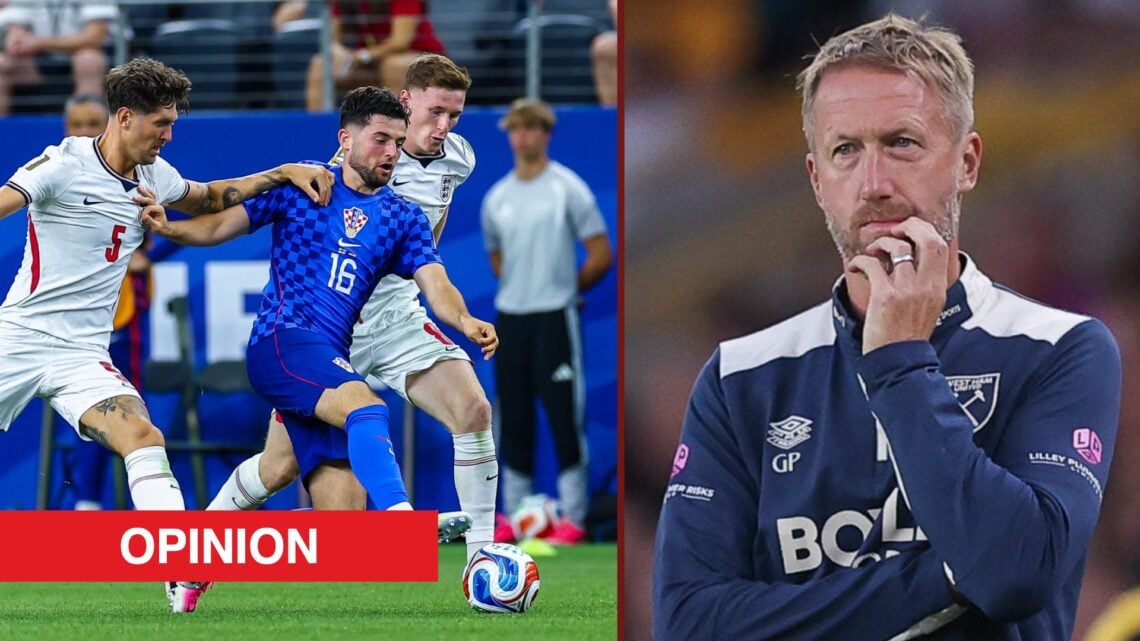 Split image showing Croatia midfielder Martin Baturina and Graham Potter at West Ham Unitedzz