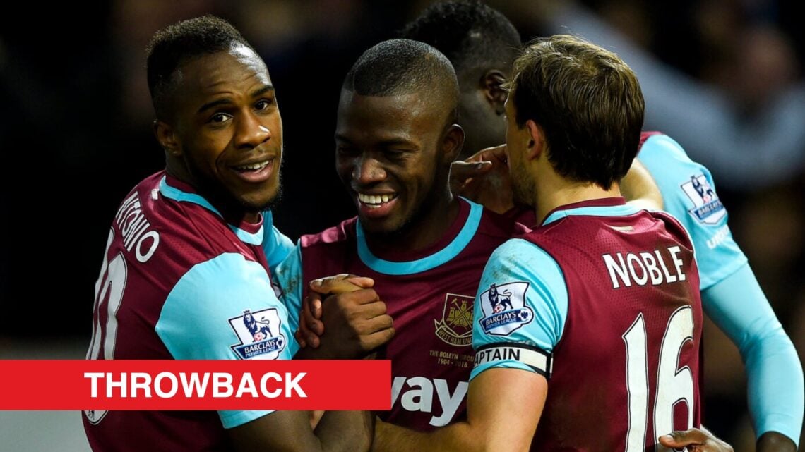 Image showing Enner Valencia of West Ham United celebrating with team mates Michail Antonio and Mark Noble