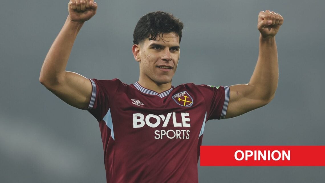 Mateus Fernandes during Fulham vs West Ham in the Premier League. An 'opinion' banner has been added.