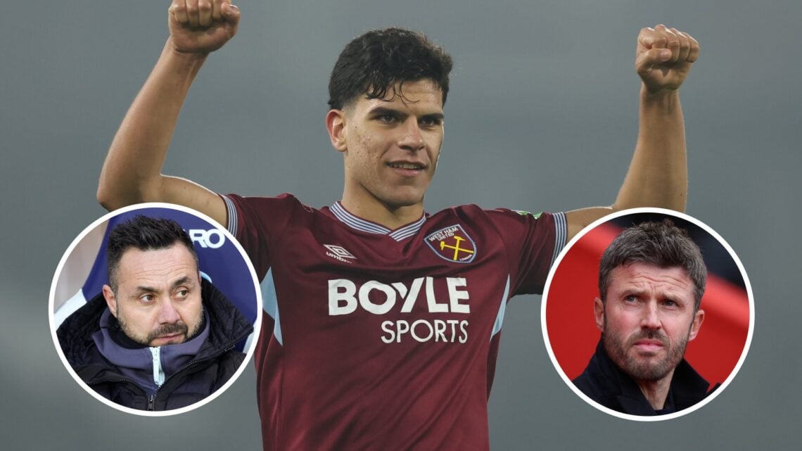 West Ham midfielder Fernandes celebrates and, inset, Spurs boss Roberto De Zerbi and Man United manager Michael Carrick