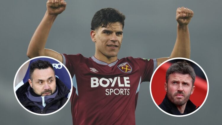 West Ham midfielder Fernandes celebrates and, inset, Spurs boss Roberto De Zerbi and Man United manager Michael Carrick
