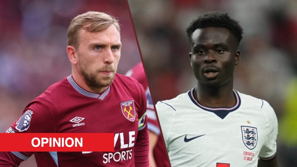 Split image showing Jarrod Bowen of West Ham United and Bukayo Saka of England