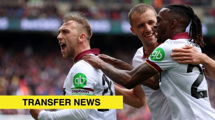 Image showing Jarrod Bowen of West Ham United celebrating with Tomas Soucek and Aaron Wan-Bissaka