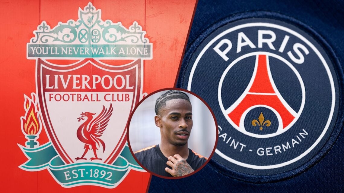 Split image showing the Liverpool and PSG badges, plus Crysencio Summerville