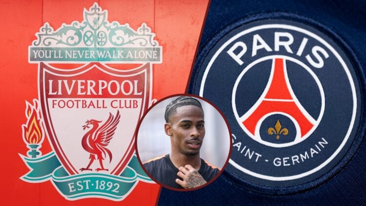 Split image showing the Liverpool and PSG badges, plus Crysencio Summerville