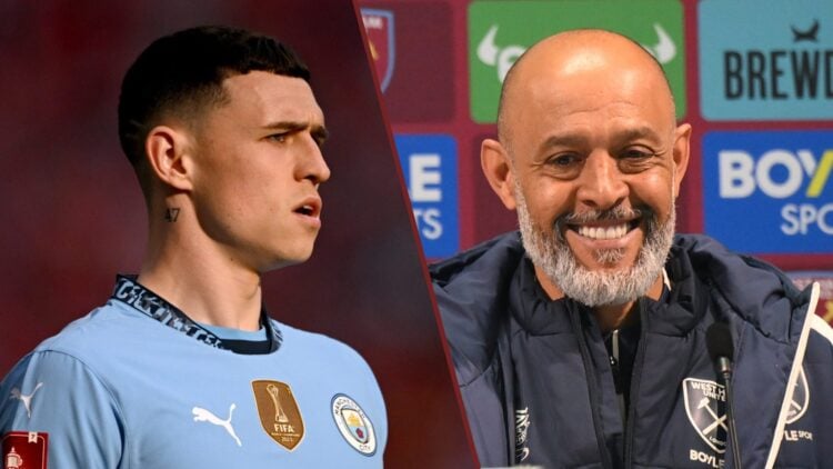 Split image showing Man City's Phil Foden and Nuno Espirito Santo, manager of West Ham United
