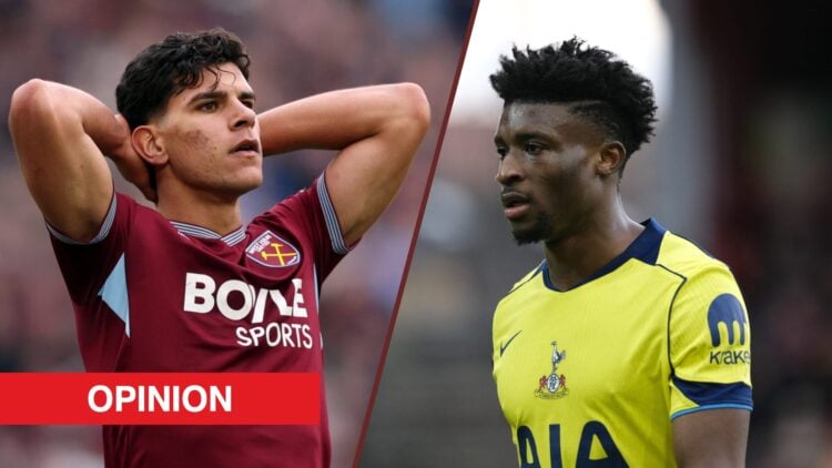 Split image showing Mateus Fernandes at West Ham United and Mohammed Kudus of Tottenham Hotspurz