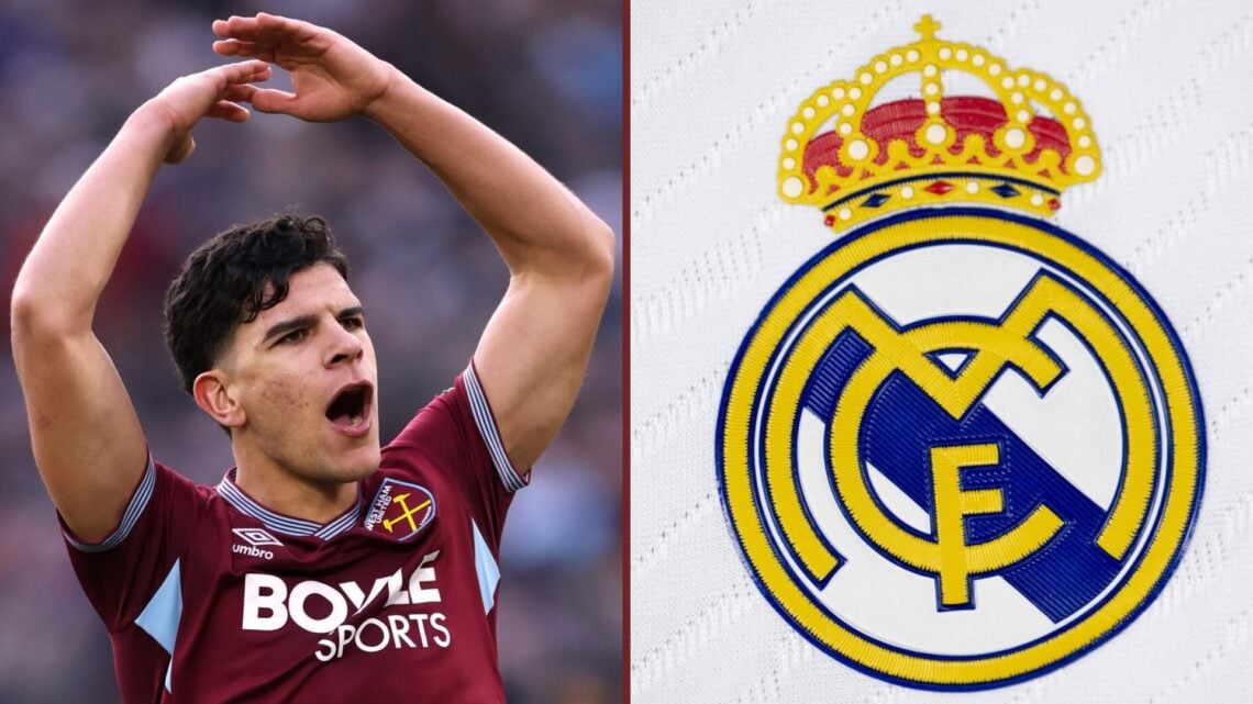 Split image showing Mateus Fernandes of West Ham United and the Real Madrid badge