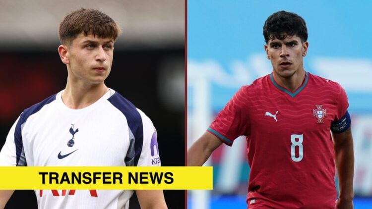 Split image showing Mikey Moore of Tottenham Hotspur and Mateus Fernandes for Portugal