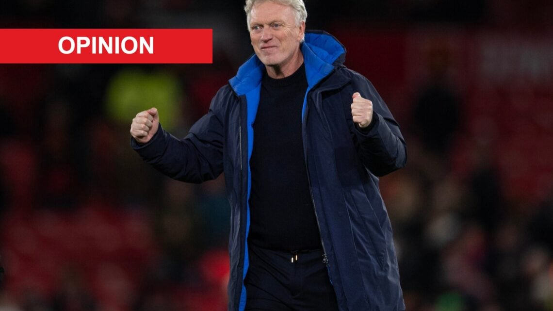 David Moyes celebrates after the Premier League match between Manchester United and Everton at Old Trafford. An 'opinion' banner has been added.