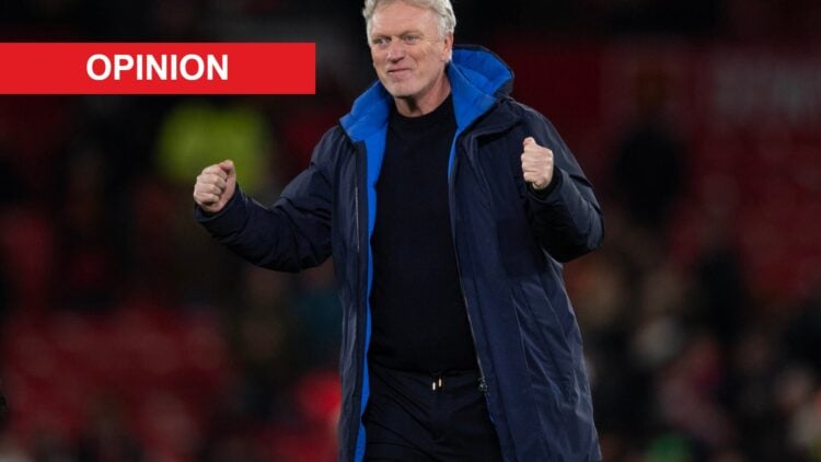 David Moyes celebrates after the Premier League match between Manchester United and Everton at Old Trafford. An 'opinion' banner has been added.