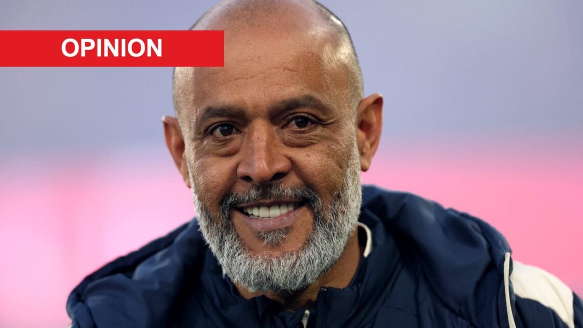 Nuno Espirito Santo smiles during West Ham's Premier League game away at Crystal Palace. An 'opinion' banner has been added.