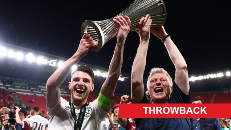 Declan Rice and David Moyes celebrate by lifting the Europa Conference League for West Ham after a win over Fiorentina. A 'throwback' banner has be...