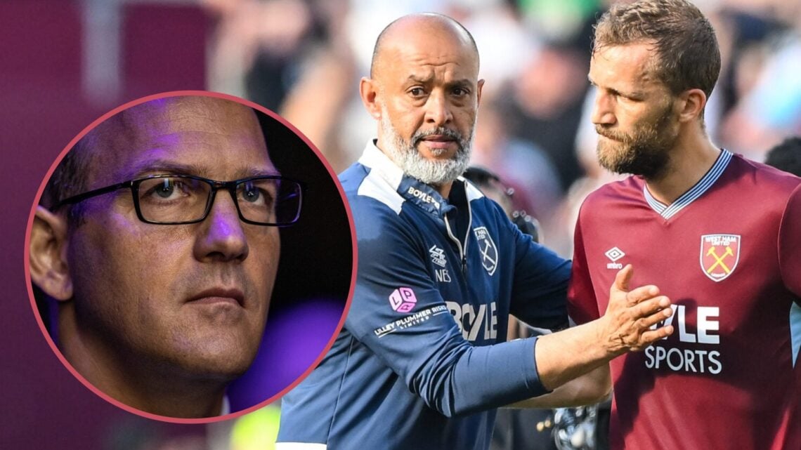 West Ham star Tomas Soucek is consoled by manager Nuno Espirito Santo and, inset, co-owner Daniel Kretinsky
