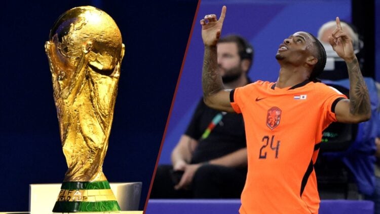 Split image showing thzze World Cup trophy and Crysencio Summerville of the Netherlands